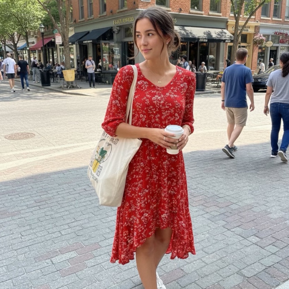 Red Floral Midi Dress | Size Medium | V-Neck Flowy Casual Dress